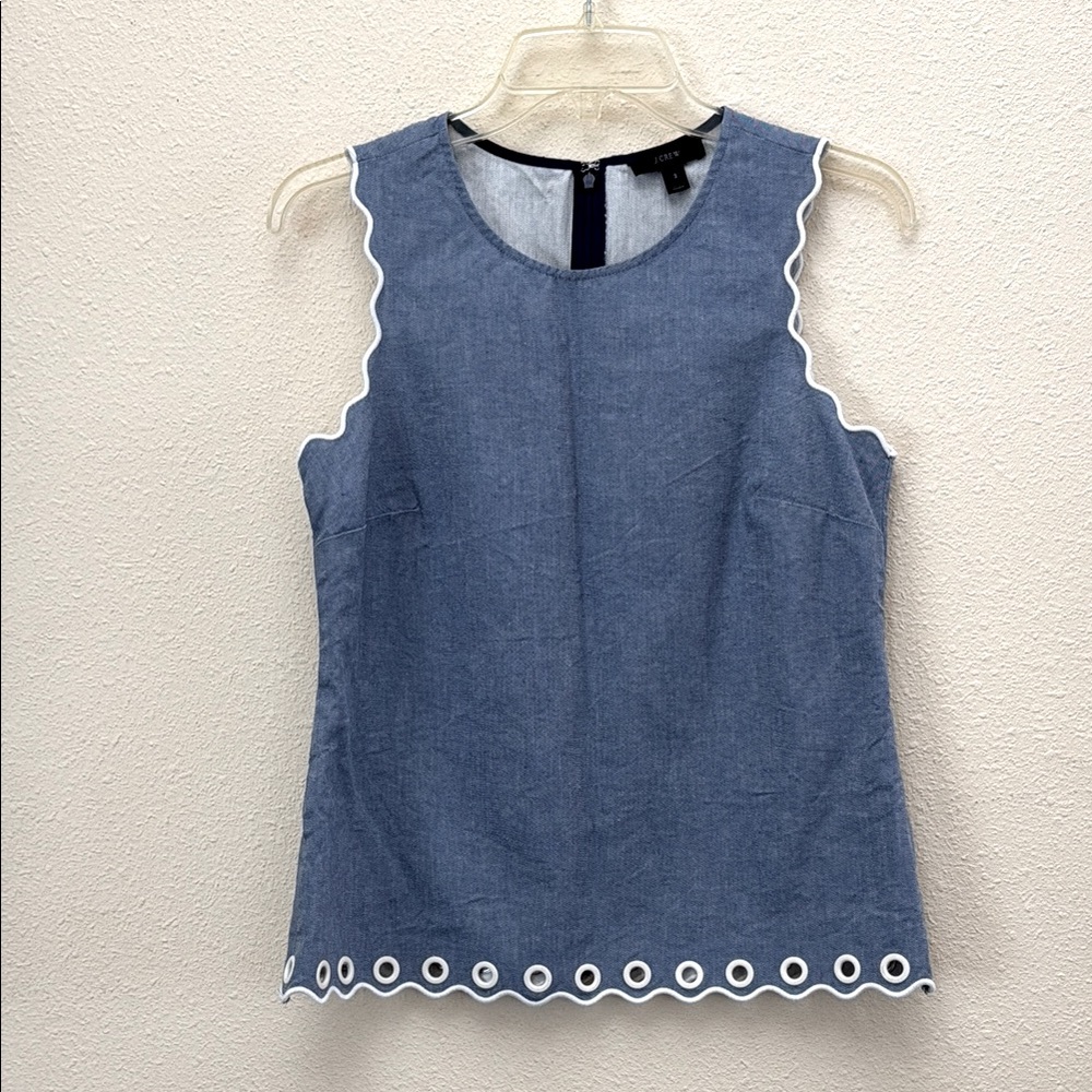 J. Crew Chambray Scalloped Top Grommets Eyelets Cotton Sleeveless White Trim 2